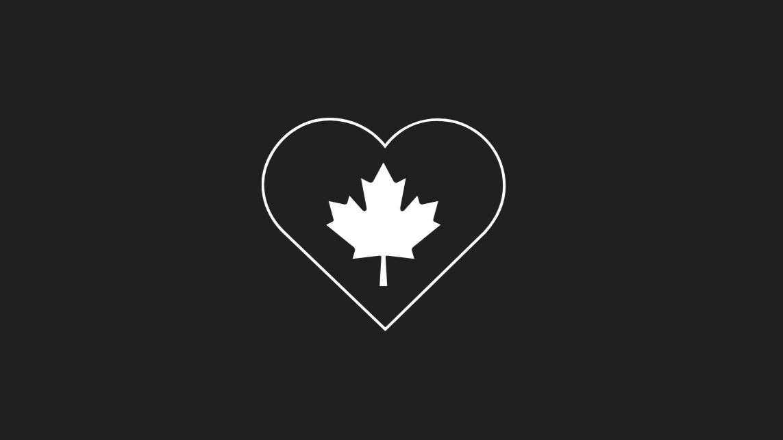 White heart with a maple leaf inside on a black background, signifying Vaelara is proudly Canadian.
